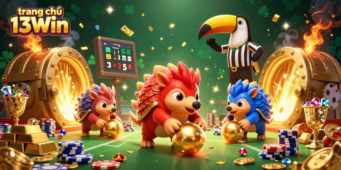 Explore the vibrant gameplay scene at trang chủ 13Win featuring rival pangolins amidst poker chips and treasures.