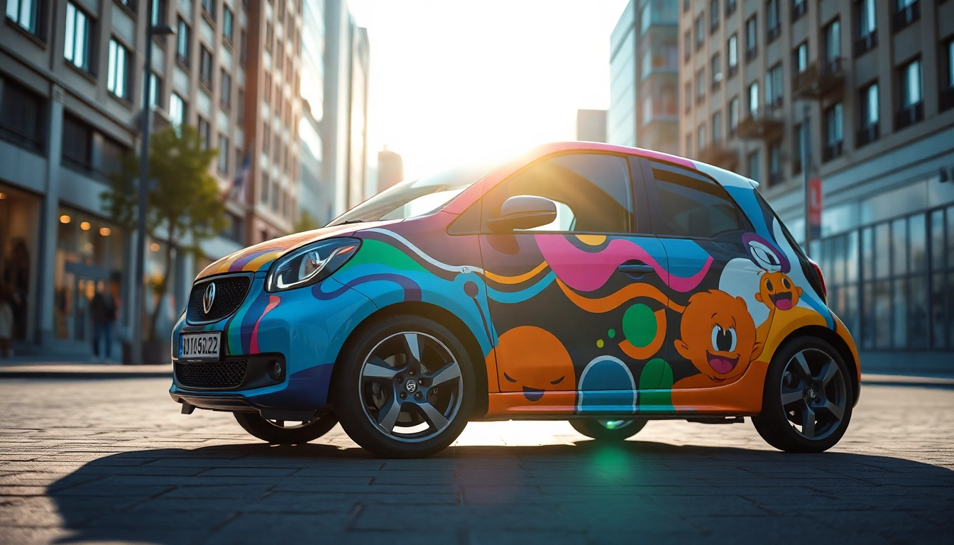 Vibrantes Auto mit einem anime car vinyl wrap, das in der Stadt geparkt ist und die Blicke auf sich zieht.