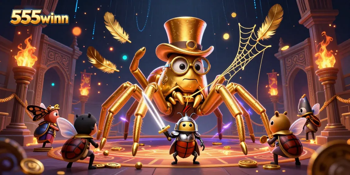 Engage with 555winn's thrilling casino atmosphere featuring a golden tarantula and knight in a vibrant setting.