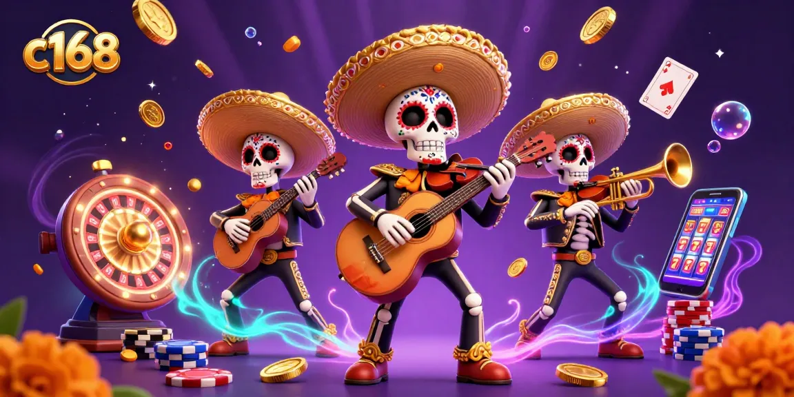 Experience thrilling action at c168 with a vibrant mariachi band amidst flying coins and casino elements.