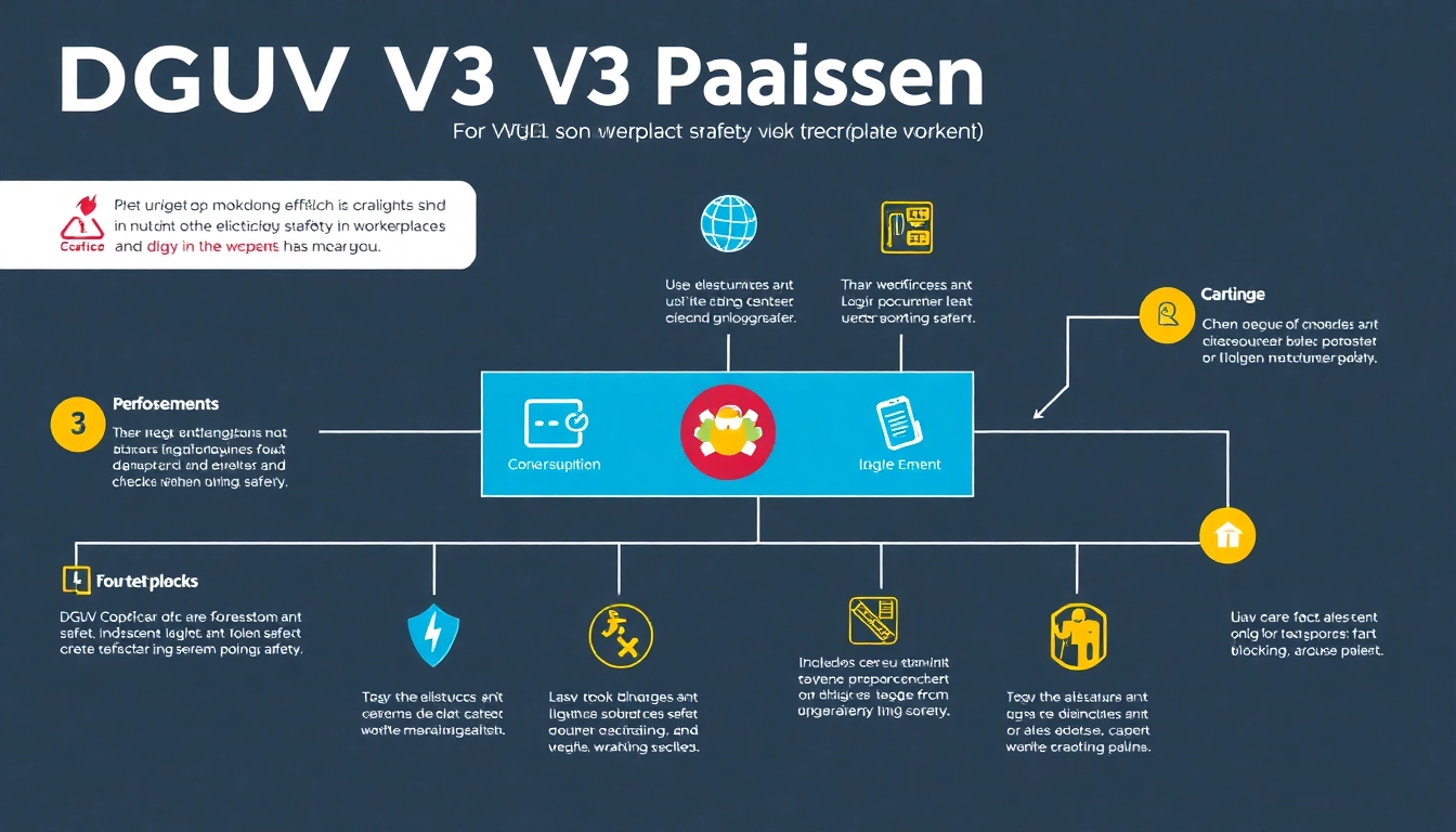 Infographic illustrating the DGUV V3 Prüfung process for electrical safety checks in workplaces.
