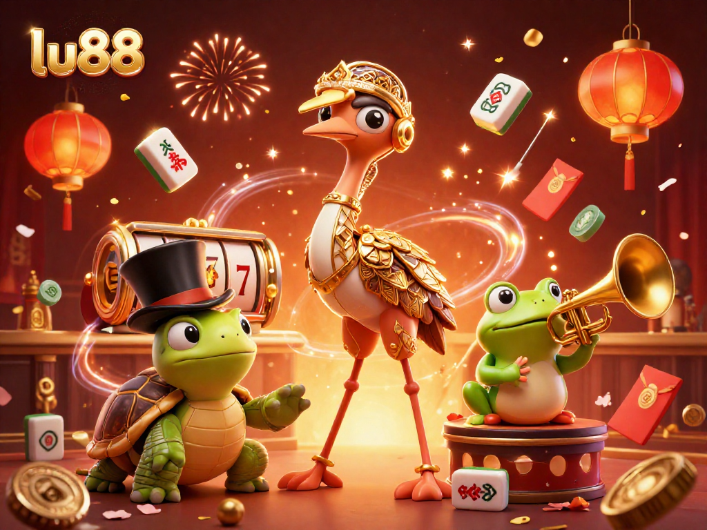 Experience the vibrant lu88 casino scene with lively characters and slot games illustrated in stunning detail.