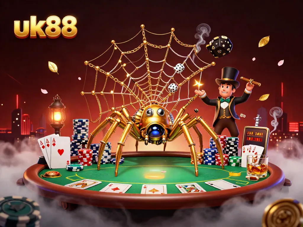 Engage with the exciting world of uk88 as a golden spider crafts bets, set against a rich casino scene.