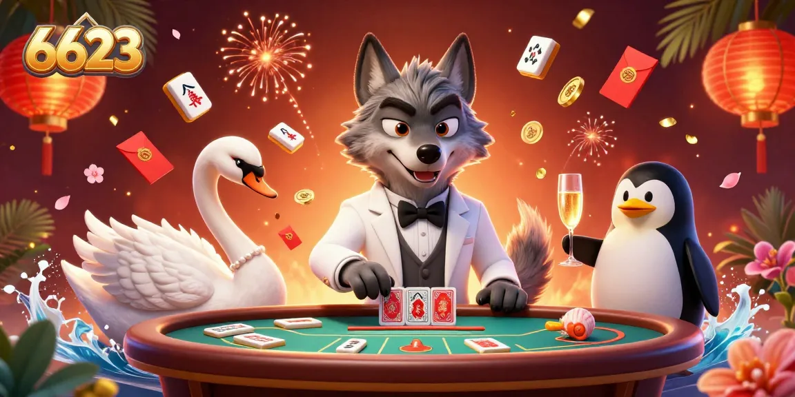 Experience thrilling Baccarat action at 6623 with a dapper wolf dealer and elegant gaming elements.