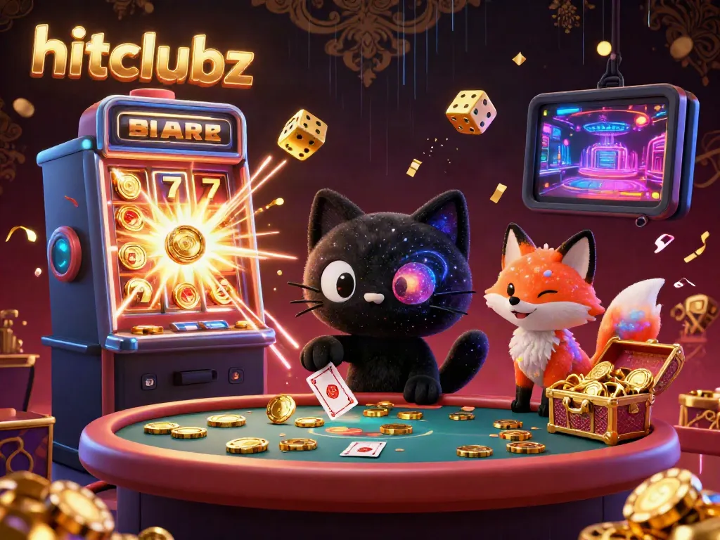 Experience winning with hitclubz at a cosmic casino featuring golden chips, vibrant slots, and animated characters.