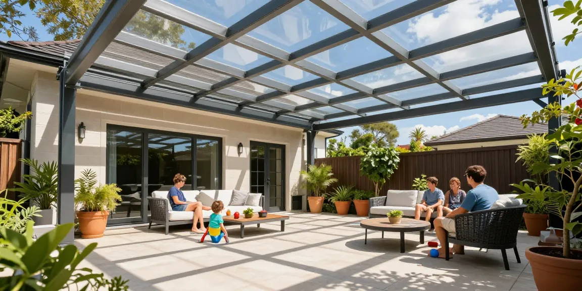 Moderne Terrassenüberdachungen auf einer einladenden Terrasse mit Familie und Pflanzen.