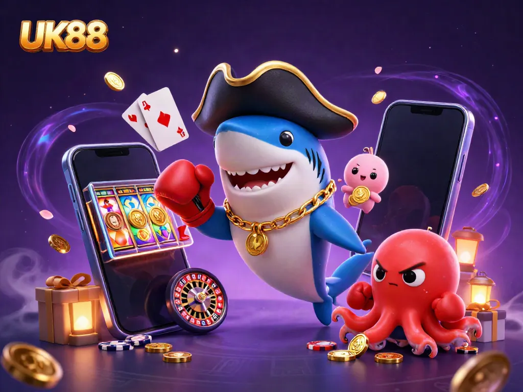 Experience thrilling adventures with UK88 featuring vibrant 3D characters amidst a lively casino atmosphere.
