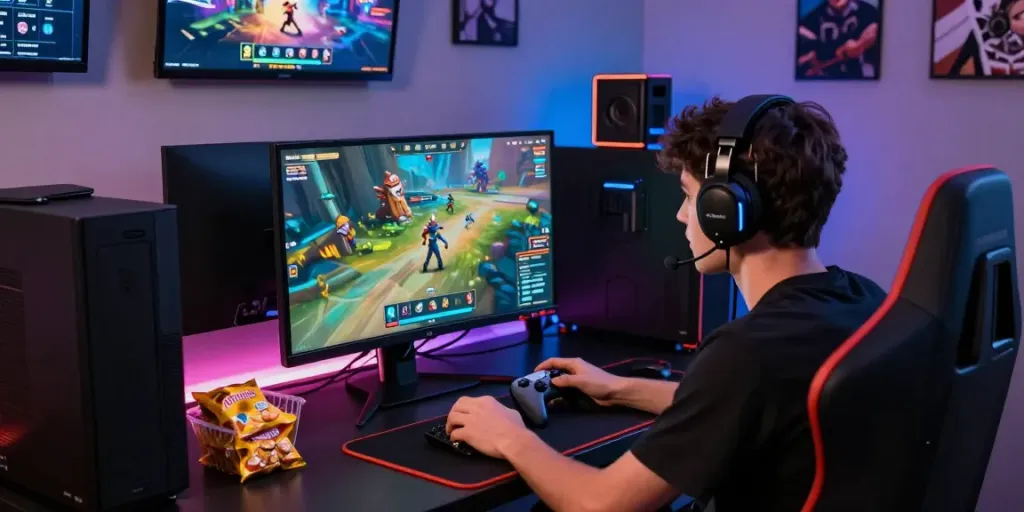 Engaged gamer at rokok88 online platform with vibrant graphics and LED lights