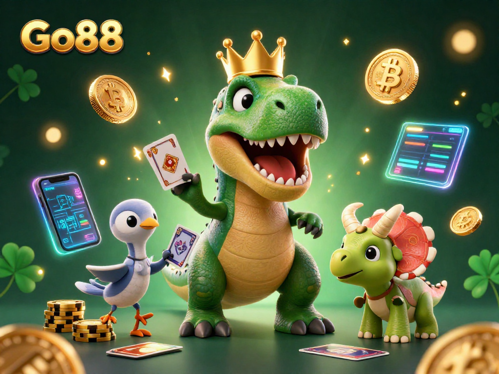 Experience gaming excitement at Go88 with a T-Rex shuffling cards and vibrant crypto elements.