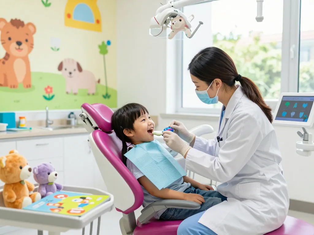 Kinderzahnarzt Wien bietet eine fröhliche Zahnarzterfahrung mit einem Kind und einem freundlichen Zahnarzt in einer bunten Klinik.