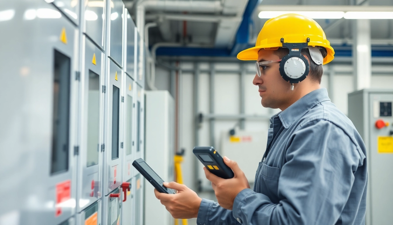 Technician performing a DGUV V3 Prüfung on electrical equipment in a safe workplace setting.