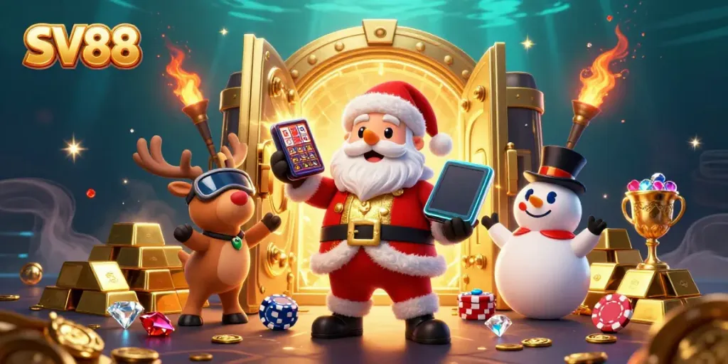 Engage with SV88's vibrant casino scene featuring a jackpot slots display and festive characters.