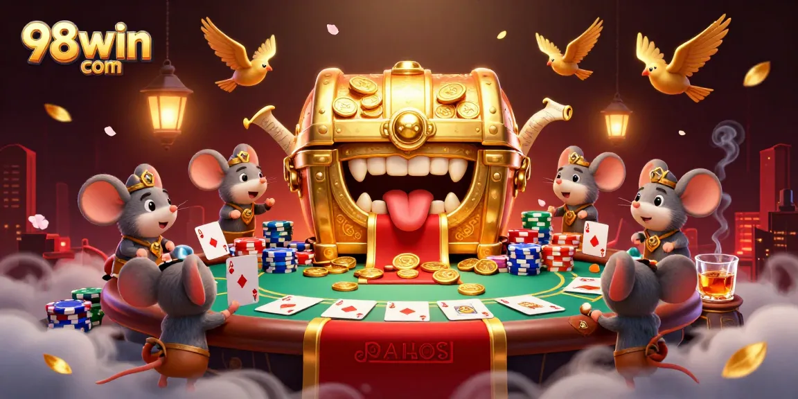 Engage with the thrilling allure of 98win com featuring an adventurous scene of treasure and poker.