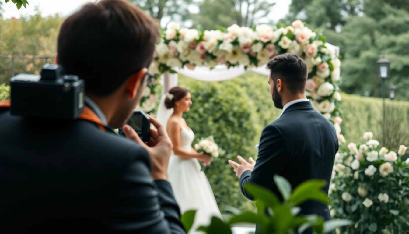 Hochzeitsfotograf München fängt romantische Zeremonie im Freien mit einem Paar in einem blühenden Garten ein.