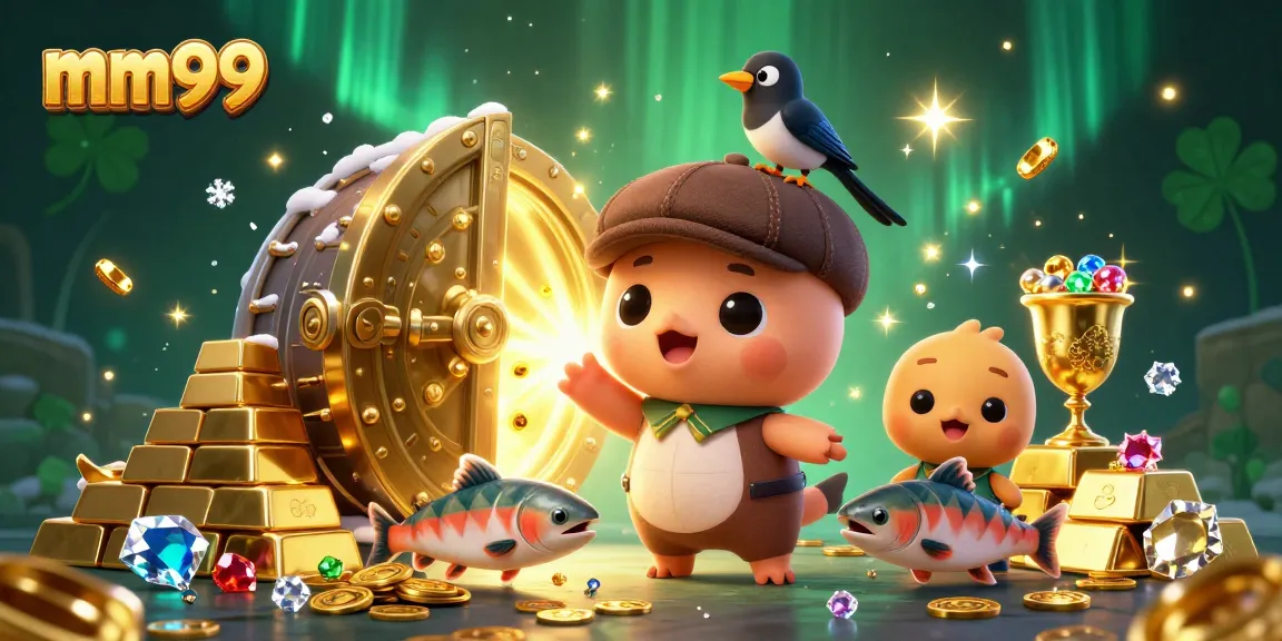 Win big at mm99 with playful Nessie alongside treasures in a vibrant casino-themed illustration.
