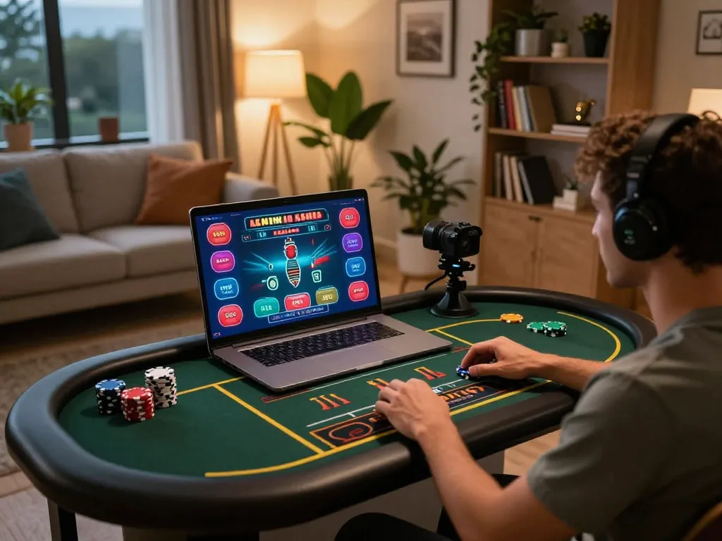 Player engaging in online gambling at trang chủ NK88, showcasing live dealer games on a laptop with a cozy home setting.