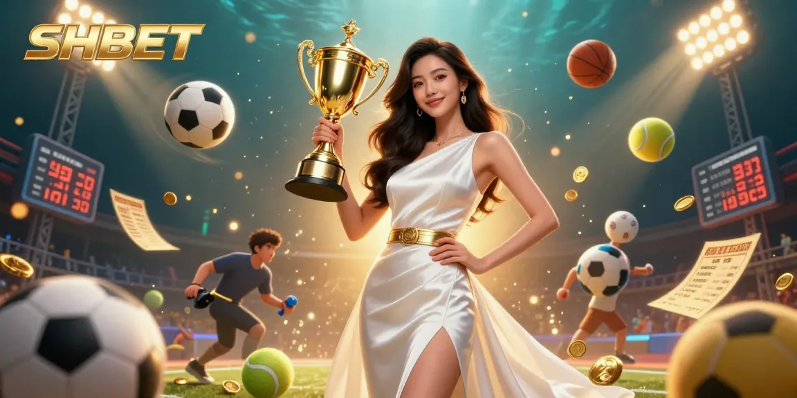 Engage with SHBET, a lively 3D scene showcasing sports betting excitement with a trophy and action-packed elements.