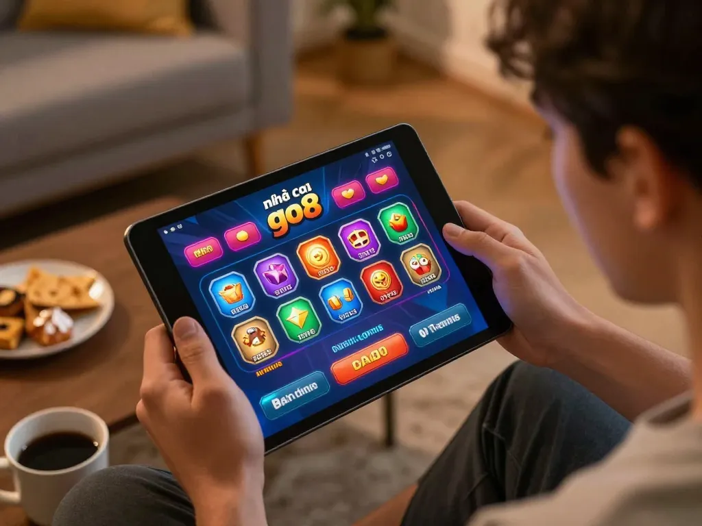 Player engaged in online gaming with nhà cái go8 app on tablet, showcasing vibrant casino game visuals and a cozy home atmosphere