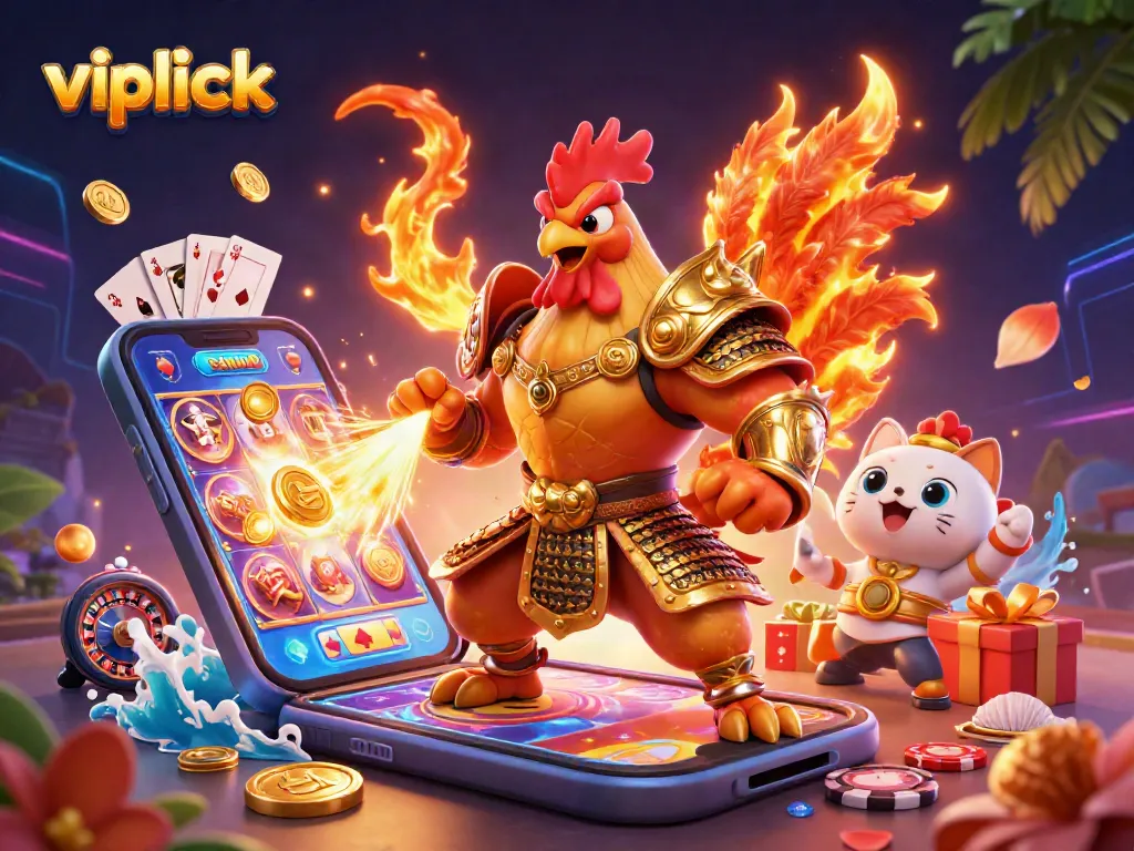 Experience exciting gaming at vipluck with a dynamic 3D illustration of casino action.
