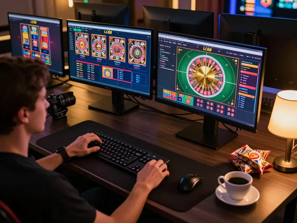 Player enjoying LC88 online roulette at a stylish gaming desk with multiple screens.