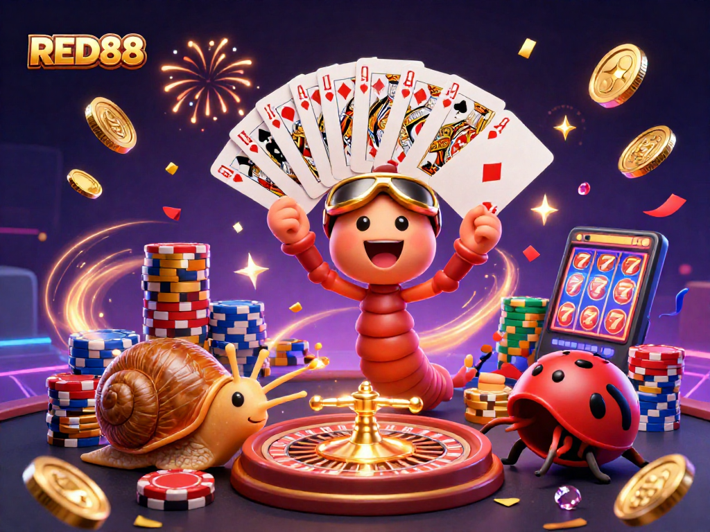 Spin to win at RED88 with a dynamic illustration of a millipede dealer and colorful gambling elements.