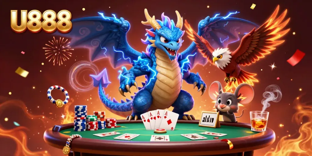 Experience thrilling wins with U888 in a vibrant 3D casino scene filled with action and game elements.
