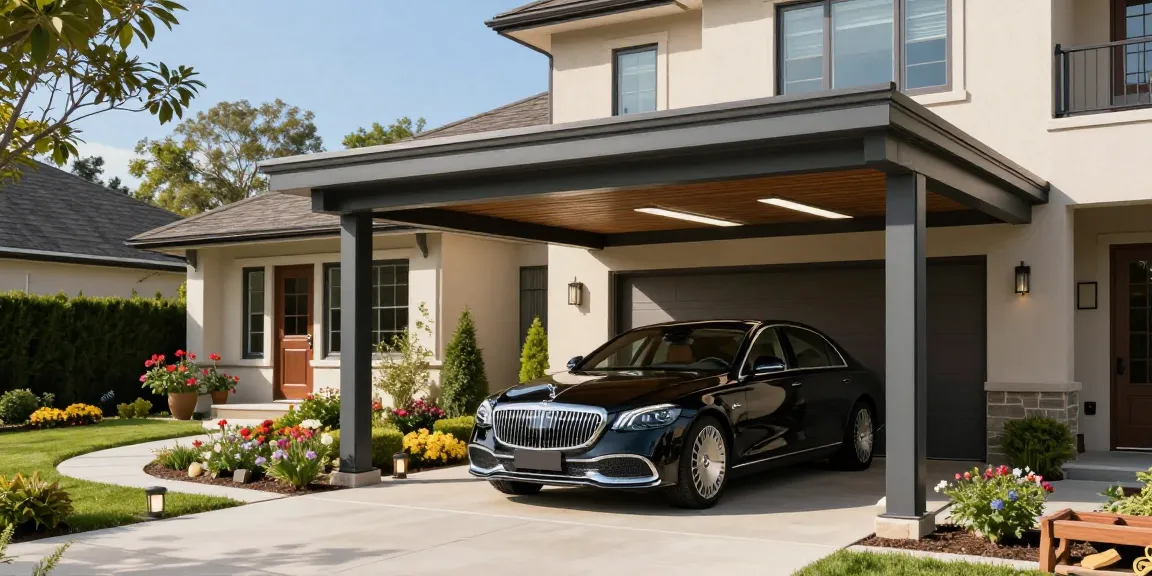 Moderne Carport-Lösung, die ein Luxusfahrzeug schützt, umgeben von schöner Landschaft und Hausdesign.