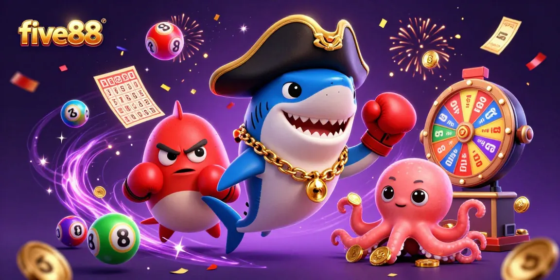 Engage with the five88 lottery excitement featuring a pirate shark, pufferfish, and octopus in a lively 3D scene.