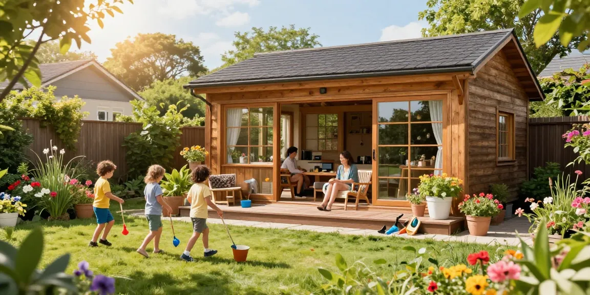 In einem Garten mit einem modernen Gartenhaus aus Holz genießen eine Familie den sonnigen Tag im Freien.