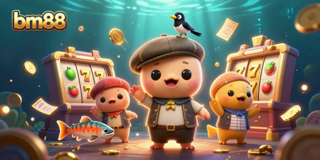 Engage with bm88's dynamic slots in a vibrant 3D cartoon scene featuring Nessie, a magpie, and tartan salmon.
