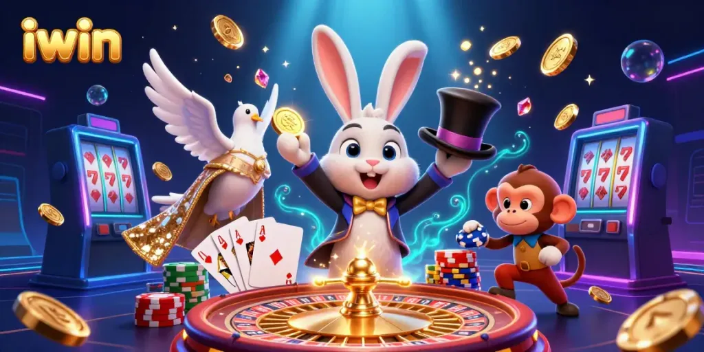 Engage with iwin's thrilling casino atmosphere featuring a magical rabbit and dazzling game elements.