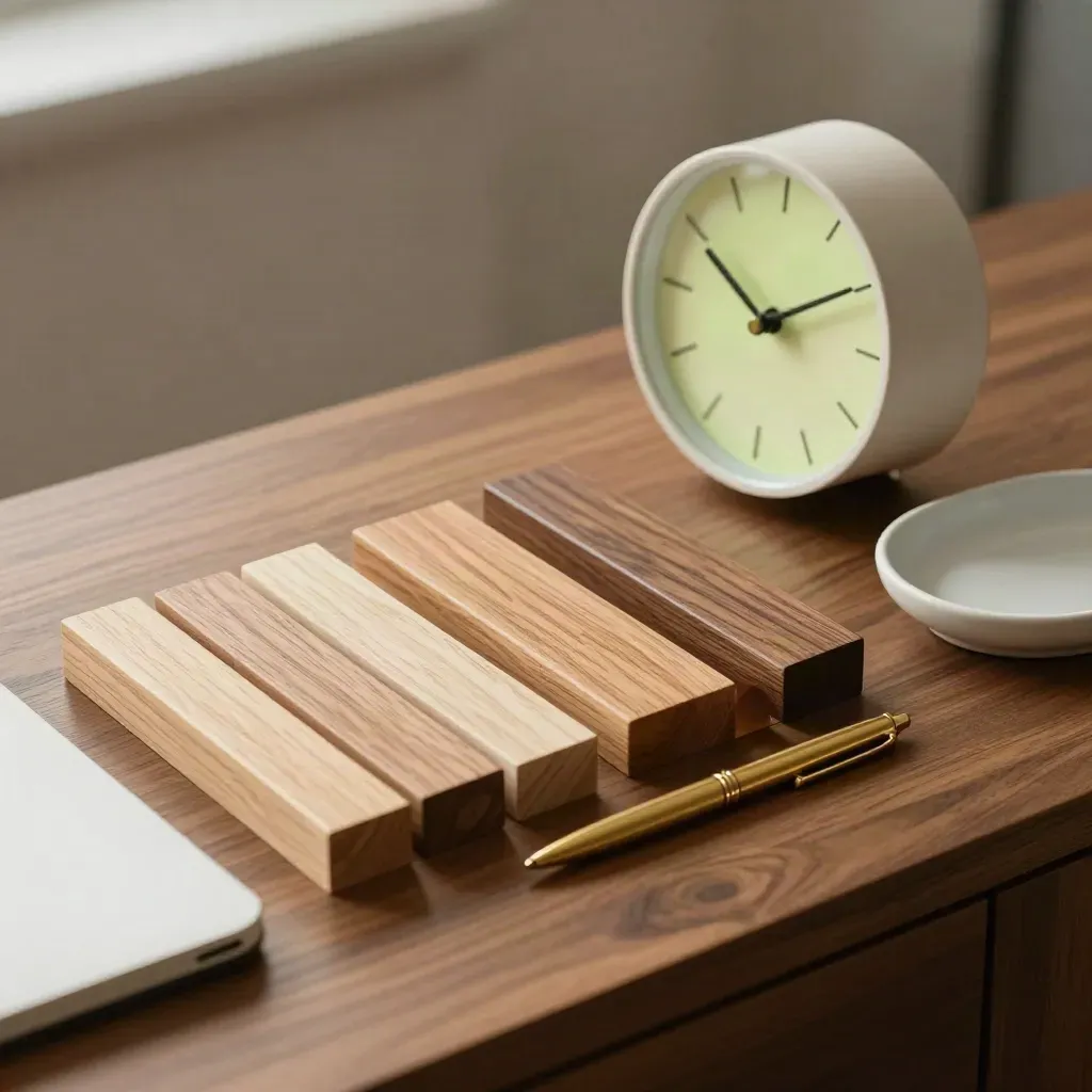 Holzblöcke, Uhr und Messingstift auf warmer Planungslage im weichen Tageslicht.