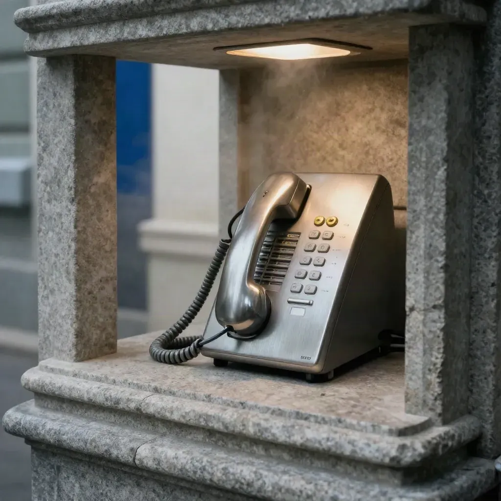 Brushed-Metal-Telefon in dunkler Empfangsnische mit Messinglicht und Nebel.