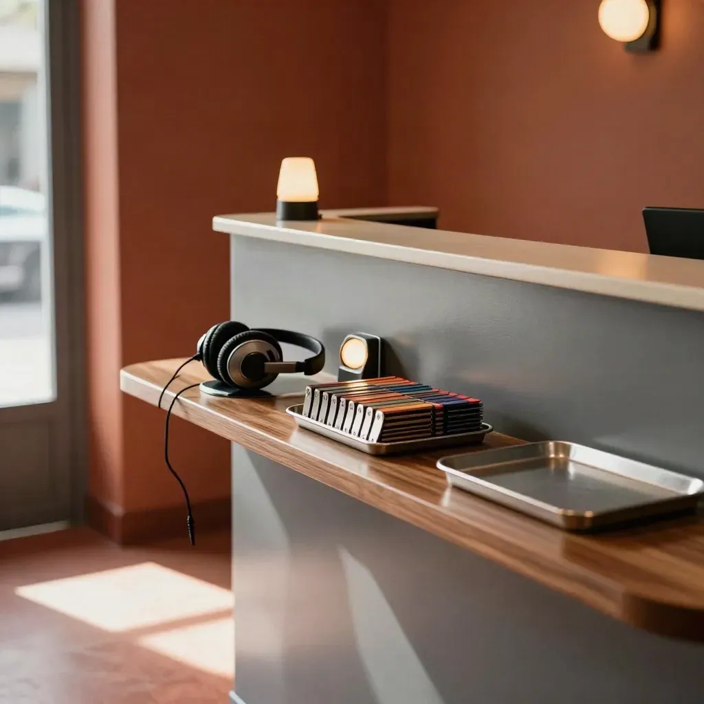 Ruhige Nachbearbeitungs-Ecke mit Headset, Statuslicht, Metalltabs und geschlossener Ablage.