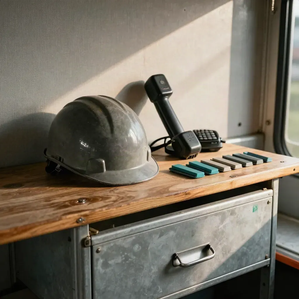 Ruhige Baustellenablage mit Telefon-Dock, Helm, Funkgerät und Rückrufmarkern im warmen Licht.