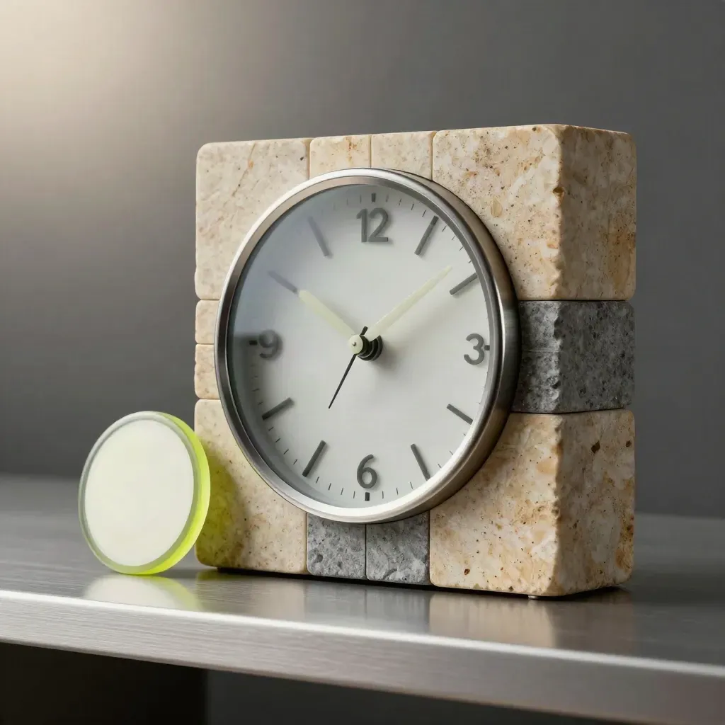Analoge Uhr und Terminblöcke auf einem Pewter-Regal mit Lime-Akzent.