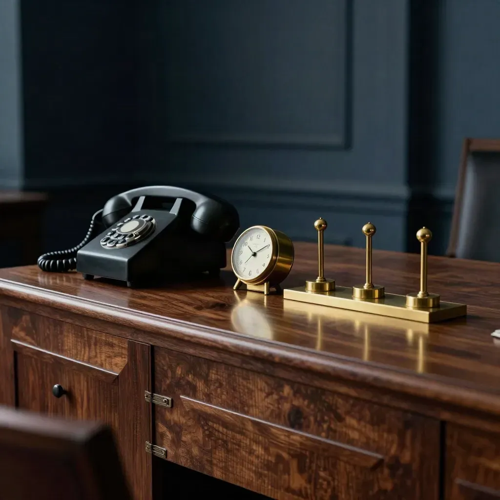 Dunkles Kanzlei-Sideboard mit Telefon, Messinguhr und geordneten Anrufmarkern im Abendlicht