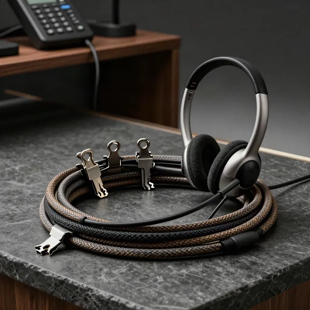 Dramatisches Stillleben mit Kabelbündel, Metallclips und Headset-Dock auf dunklem Stein.