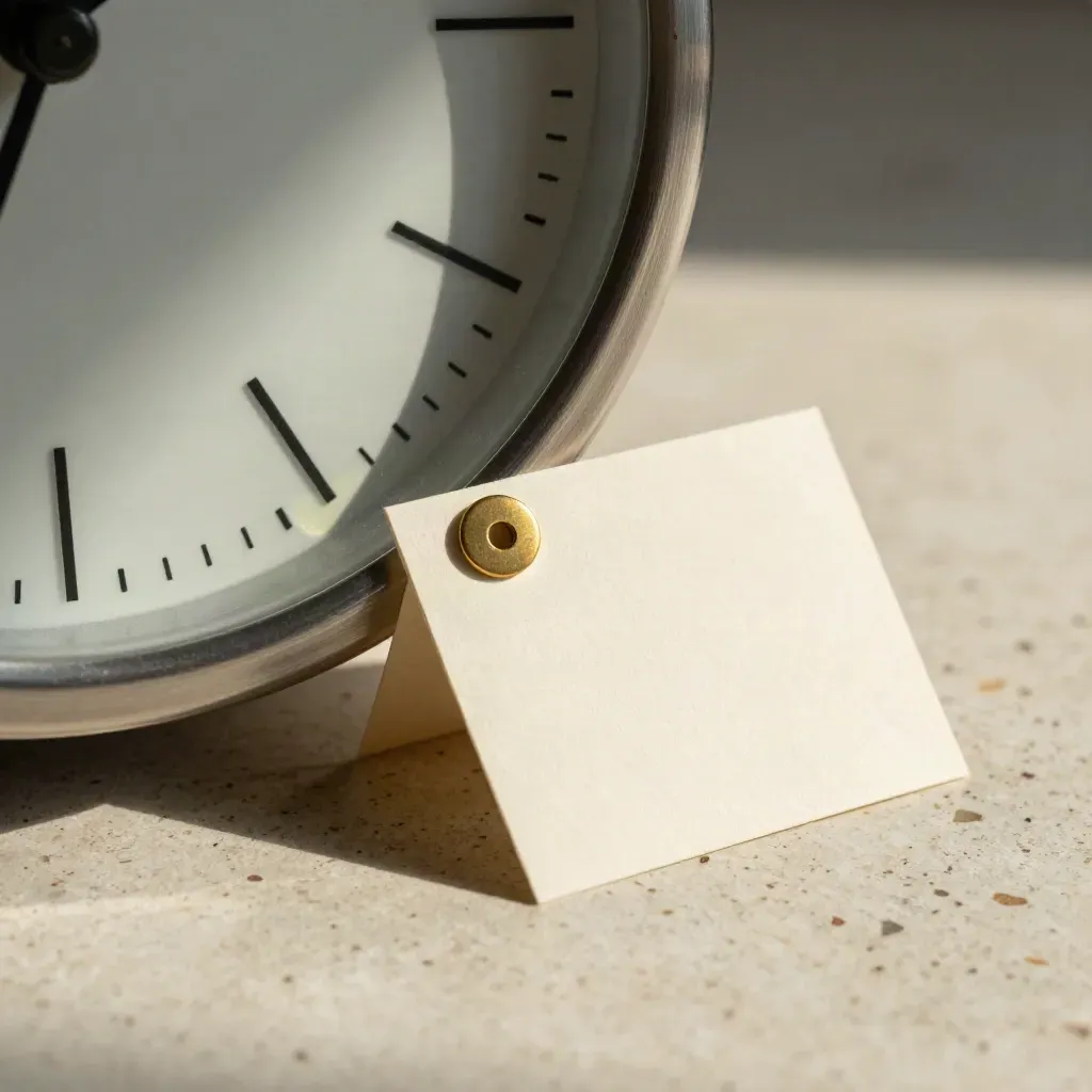 Makro von Uhr, Kalenderblöcken und Messing-Return-Call-Tag auf hellem Stein.
