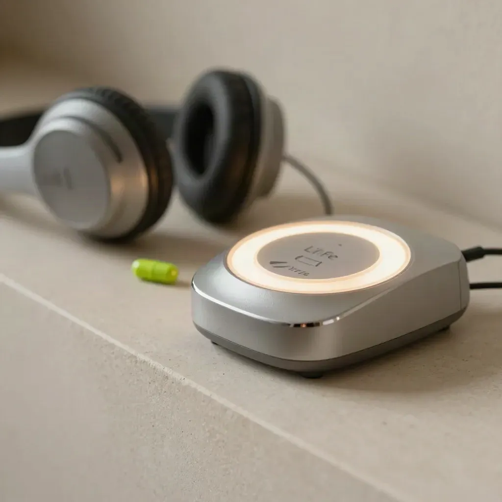 Telefonbasis mit leuchtendem Ring, Headset und grünem Statusmodul auf heller Ablage