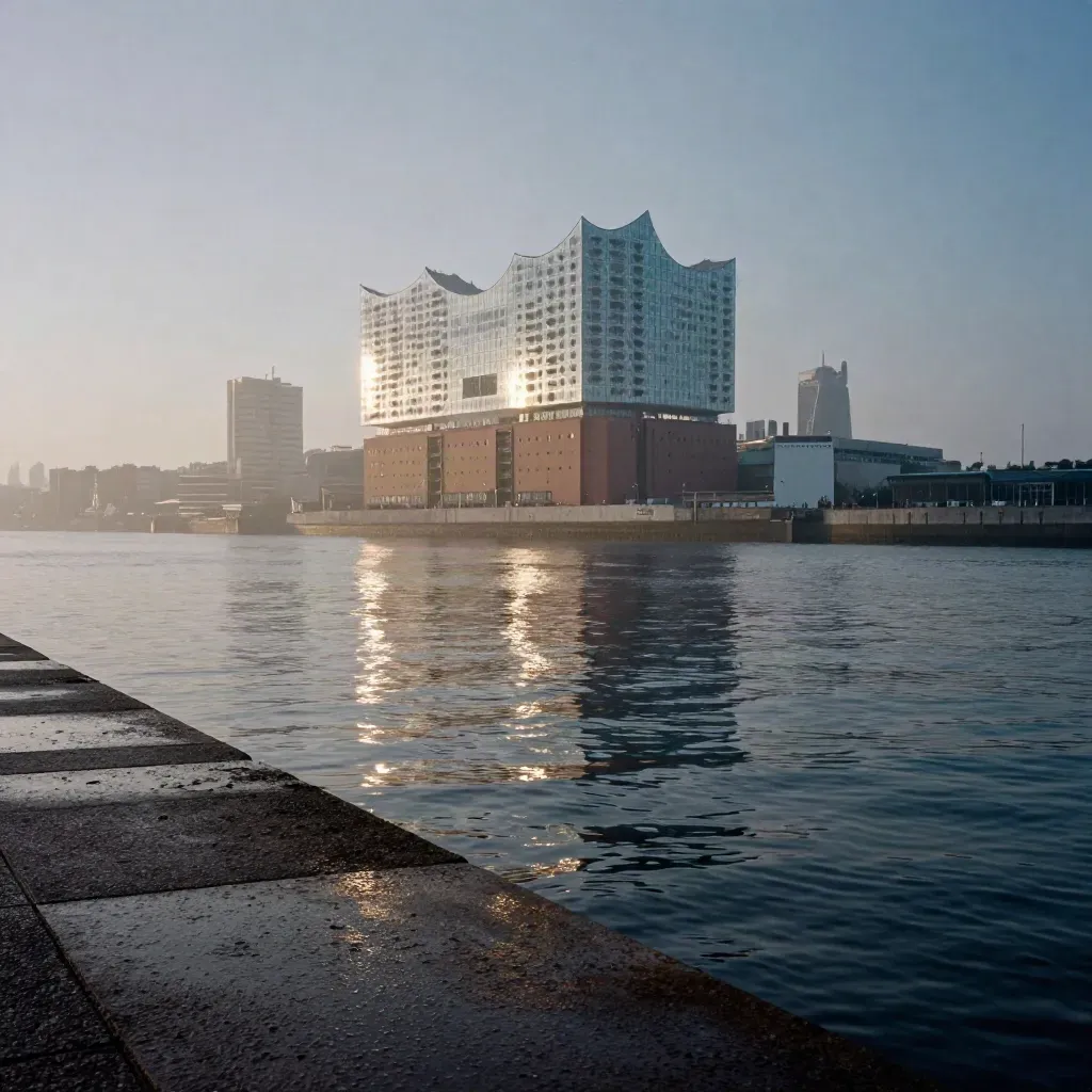 Hamburgs Hafen bei Blaue Stunde mit Elbphilharmonie im Dunst und ruhigem Elbewasser