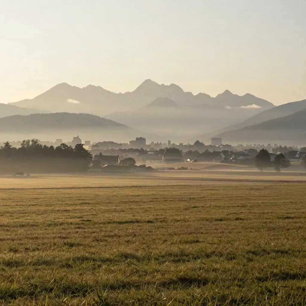 Morgenhaze über München und Oberbayern mit Alpenhügeln und ruhiger Wiese