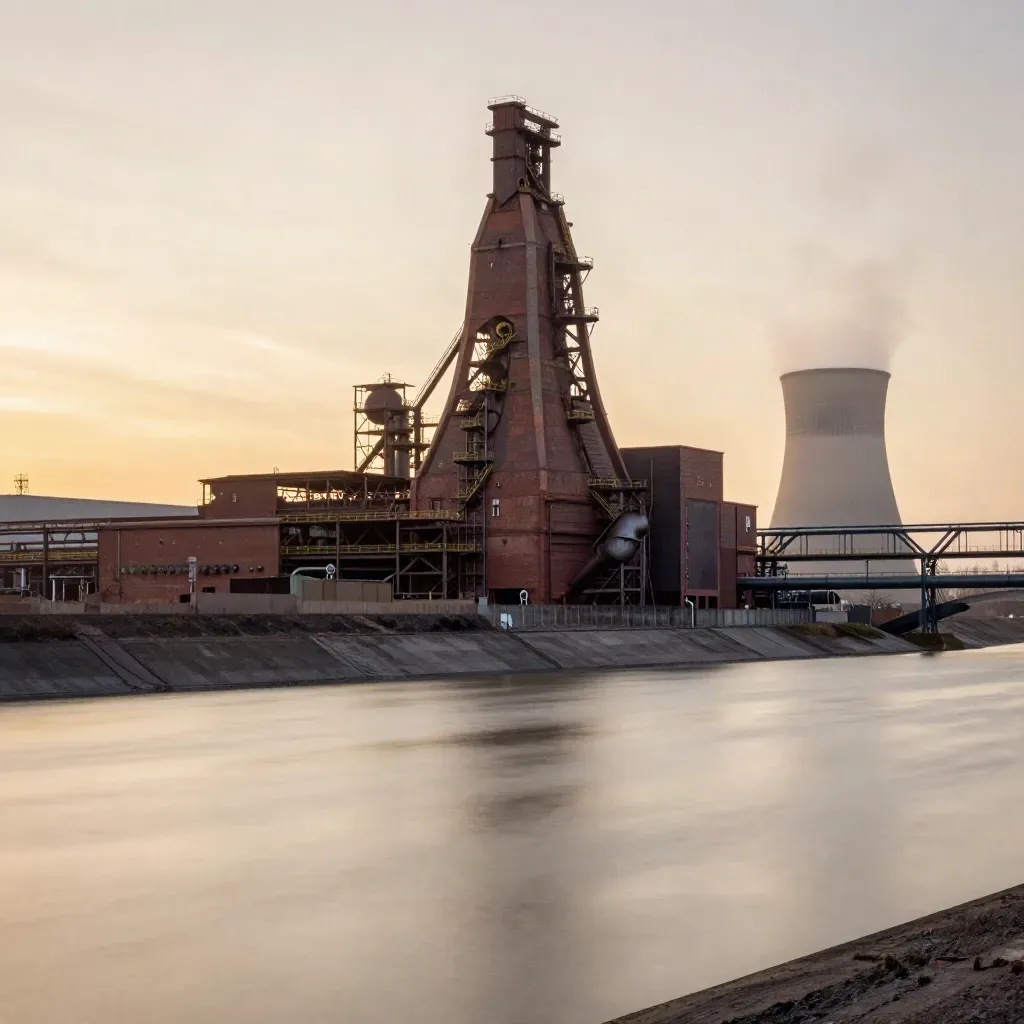 Ruhrgebiet mit Backstein, Stahl und warmem Abendhimmel über ruhiger Fläche