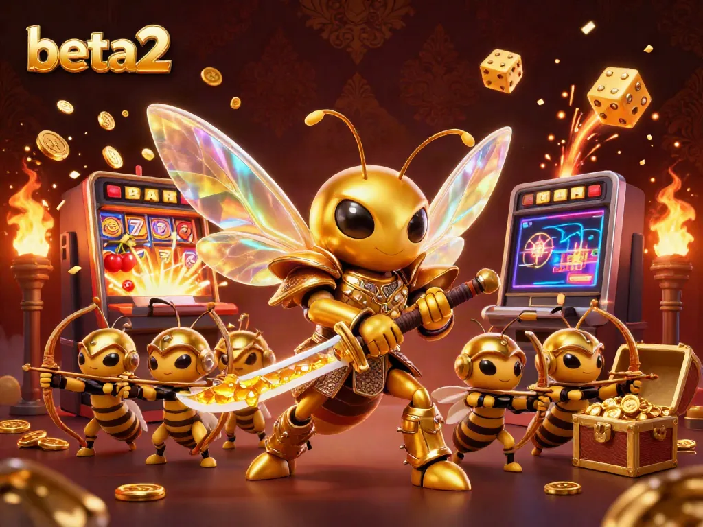 Engage with beta2's exciting slot machines featuring a golden hornet warrior and dynamic casino symbols.