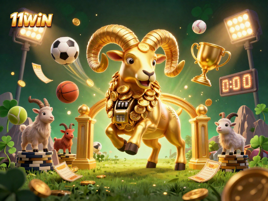 Experience 11WIN's thrilling gaming atmosphere as a golden ram charges through vibrant sports elements and gold coins.