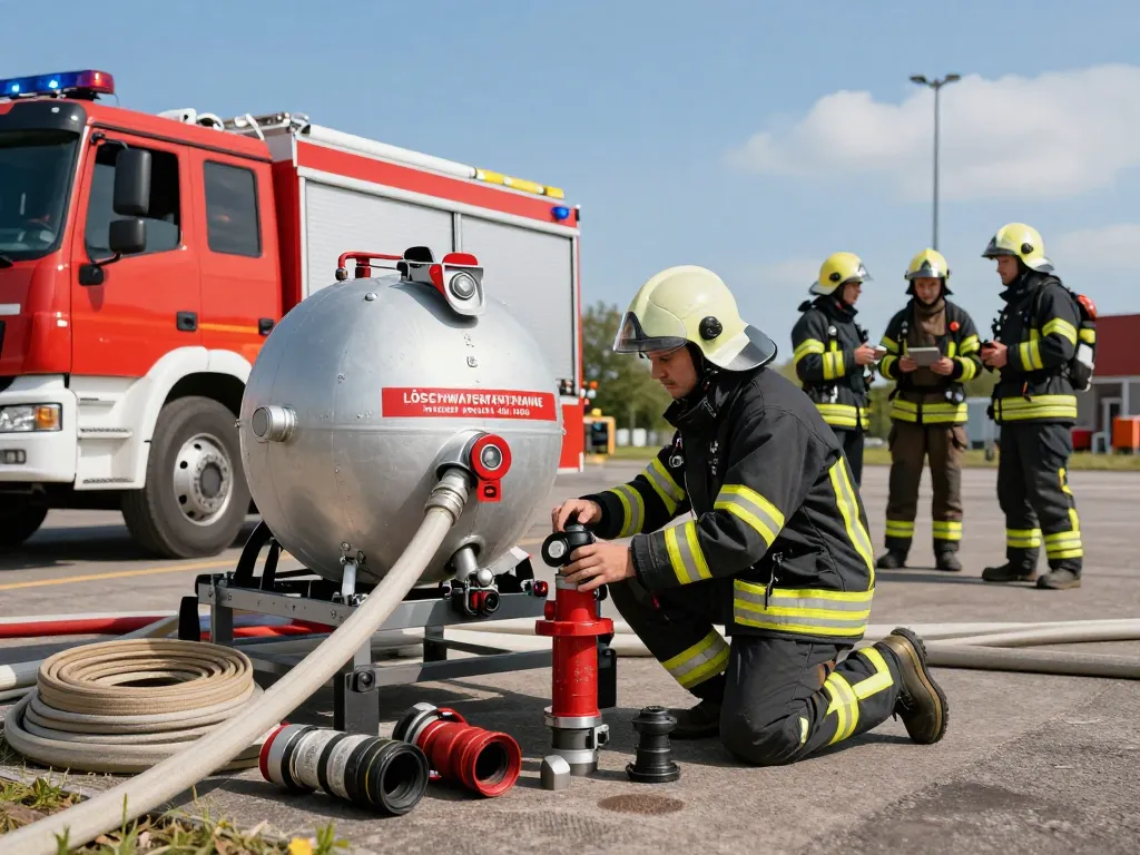 Löschwasserentnahme DIN 14244 konformes Feuerwehrsetup mit Ausrüstung und Teamzusammenarbeit.