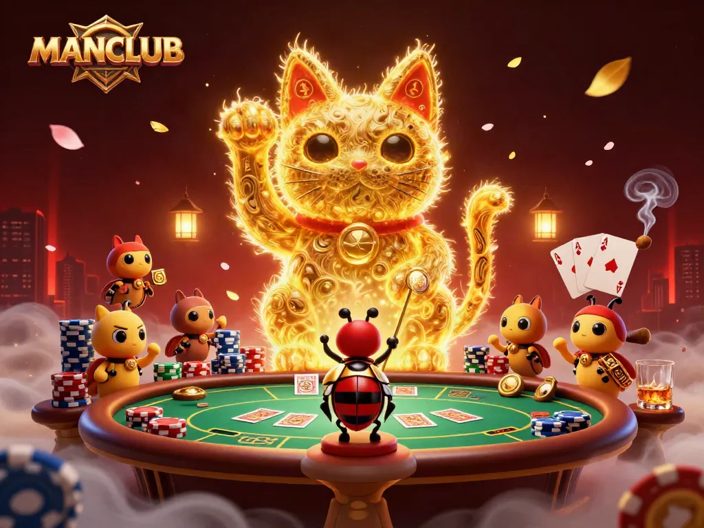Experience the vibrant MANCLUB atmosphere with a dynamic lucky cat made of fireflies at a poker table.