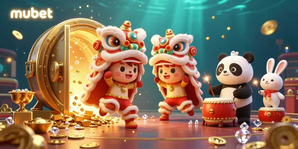 Mubet's vibrant casino scene with a lion dance, drumming panda, and treasure elements.