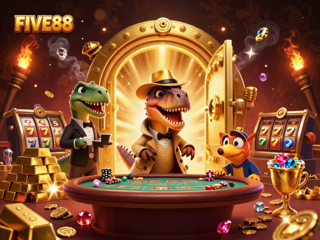 Engage with the FIVE88 casino experience showcasing a velociraptor card counter and bold treasures.