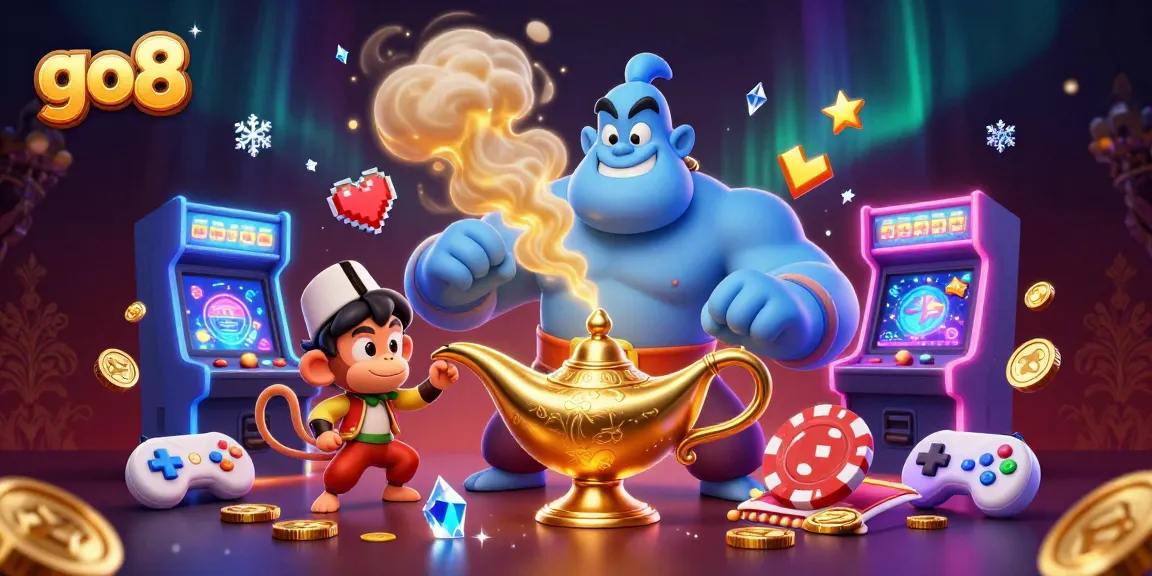 Engage with the thrilling world of go8 featuring a dynamic casino scene with a genie, monkey, and magic carpet.